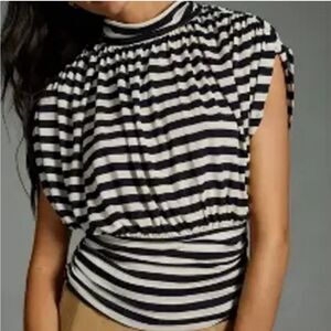 Anthropologie Maeve navy blue and white ruched striped top size small